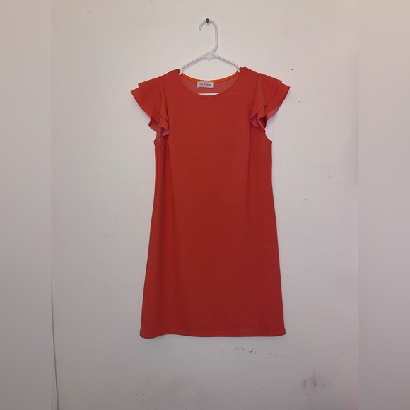 Coral mini dress with ruffle sleeves - Picture 3 of 3